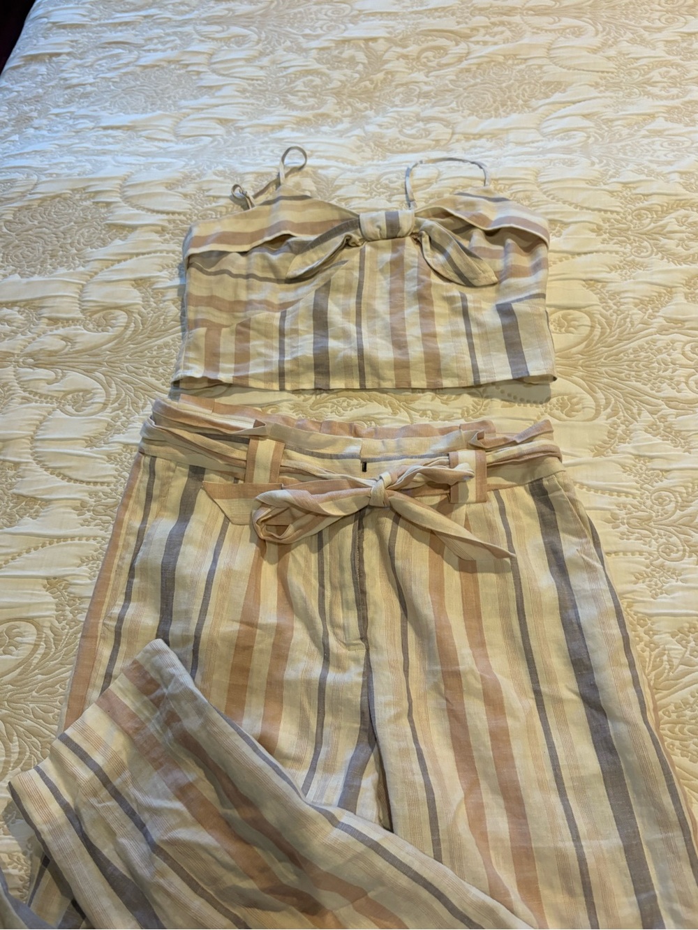 Striped Linen-Blend Tie-Waist Pants & Crop Top Set - Pastel Stripe